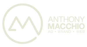 Logo that resembles the iconic "at" symbol featuring the text "Anthony Macchio: Ad, Brand, Web" alongside the logomark